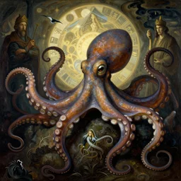occult diagram of octopus in the style of wayne barlowe, gustav moreau, goward,  Gaston Bussiere and roberto ferri, santiago caruso, denis forkas, jose gabriel alegria sabogal, composition by austin osman spare