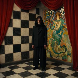 extremely detailed checkerboard movie shot closeup portrait of a dark bizarre figure standing in the corner of a checkerboard checkerboard room by denis villenueve, arnold bocklin, lovecraft, roger dean, amano, mucha, tentacles, dynamic composition, rich moody colours, red drapes