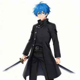 anime boy with messy blue hair wearing black long jacket, holding a dual blade lightsaber, WLOP, concept art, digital painting, trending on artstation, highly detailed, epic composition, 8k UHD