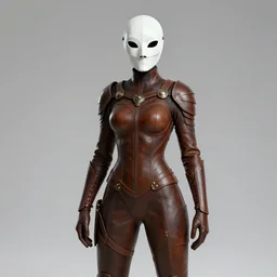 female adventurer in tight full - body leather armor of dwemer design with white porcelain crow mask, trending in artstation, establishing shot
