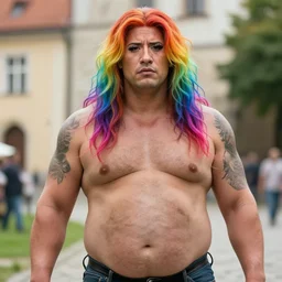 dwayne johnson as long haired rainbow colored hair lgbt rainbow haired obese dirty trans with mascara, looking at the camera, medium shot, fat belly, trip to legnica, very realistic film still, natural