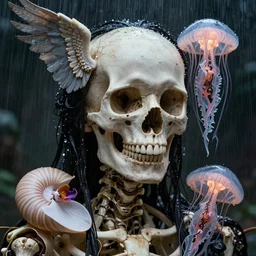 hyperrealism, night background raining, super zoom, goddess close - up portrait real human skeleton skull!!!! nautilus jellyfish!! phoenix skull crow wings! giant orchid!! artwork by tooth wu and wlop. octane render, trending on artstation, greg rutkowski cinematic, hyper realism, high detail, octane render, 8 k