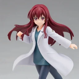 complete figure of kurisu makise from steins gate wearing a comfy labcoat, dark red hair, personification, tsurime eyes, tareme eyes, eyes by kon satoshi, pvc figure, dynamic pose, amiami, aniplex, kotobukiya, detailed product photo, beautiful composition, 8 5 mm, f 1. 8