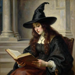a renaissance oil painting close shot portrait by alma tadema of a witch reading a magic spell from a book in a stone room of classical columns, colourful pastel, detailed academic bouguereau, high shadow, sharp focus