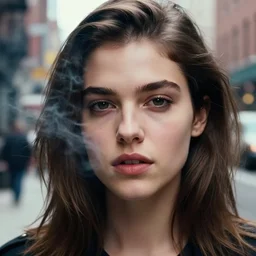closeup portrait of alexandra daddario in a smoky new york back street, photograph, natural light, detailed face, magazine, press, photo, Steve McCurry, David Lazar, CANON Eos C300, ƒ5.6, 50mm