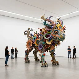 etablishing wide view shot of extraordinary complex organic colorful * poetic * massive sculpture of a creature * flowerpunk animal * by * beth cavener * in empty white space exposition.. with the collaboration of ellen jewett, zhelong xu, beth cavener, sayaka ganz, edouard martinet, john o'reilly