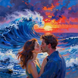 close view of woman and man kissing at the edge of the ocean with tsunami great wave sun setting through the storm clouds. lapis - lazuli. iridescent, vivid psychedelic colors. painting by jean delville, ciurlionis mikalojus konstantinas, schiele, henri de toulouse - lautrec, utamaro, monet