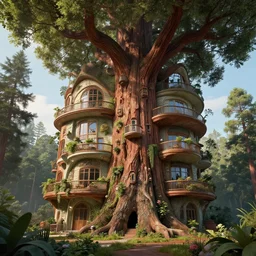 graceful organic apartment building emerging from the trunk of a redwood tree in the style of samorost 3 | by gaudi, very wide angle, 4 k detailed post - processing, cinematic light, intricate detail, octane render