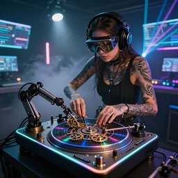 a tattooed woman wearing goggles and visor and headphones using an intricate clockwork record player turntable contraption, robot arms, turntablism dj scratching, intricate planetary gears, cinematic, sharp focus, led light strips, bokeh, iridescent, black light, fog machine, hazy, computer screens, lasers, spotlights, light trails, hyper color photograph