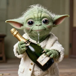 yoda drinks a bottle of champagne