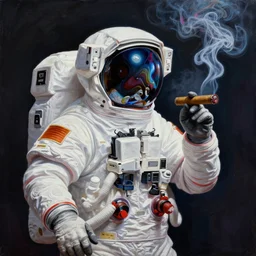 beautiful painting of an astronaut smoking a cigar with psychedelic smoke coming out of it, octane render, peter mohrbacher, denis sarazhin, beeple, greg rutkowski, tomasz alen kopera, vibrant colors, highly detailed, dramatic lighting, 8 k, trending on artstation, very coherent
