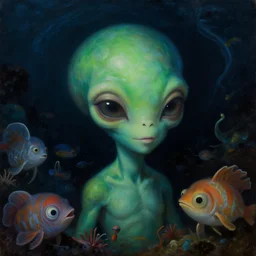 a close - up view, renaissance portrait of a cute alien underwater surrounded by sea creatures. deep blue and green tones. night time. gloomy dark black background. highly detailed fantasy science fiction portrait painting by norman rockwell, moebius, frank frazetta, and syd mead. rich colors, high contrast. artstation