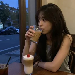 mysterious coffee shop girl, sitting across the room, drinking a strawberry iced latte, dim light, dusk, moody lighting, real photo, real camera, amazing quality, 8 k