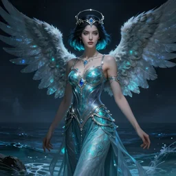 a beautiful cinematic female archangel queen, fantasy sea landscape, fantasy magic, short aqua blue black fade hair, dark light night, intricate, elegant, sharp focus, illustration, highly detailed, digital painting, concept art, matte, art by WLOP and Artgerm and Greg Rutkowski and Alphonse Mucha, masterpiece