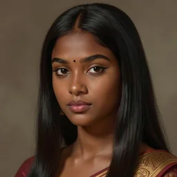 A bust of a beautiful black skinned Sri Lankan girl with lovely lips and smooth eyebrows and straight hair, HD, illustration, epic, fantasy, intricate, elegant, amazing detail, digital painting, artstation, concept art, smooth, sharp focus, illustration, art by Turine Tran