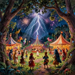 closeup of a night carnival inside a tree cavity in a magical forest in the middle of a summer storm, with a music scenario with many fireworks and christmas lights, volumetric lightning, instense god rays in the sky, folklore people disguised with fantastic creatures in a magical forest by summer night, masterpiece painted by george stubbs, very coherent and colorful high contrast masterpiece,
