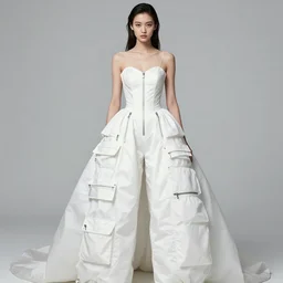 an early 0 0's digital portrait of a beautiful girl detailed features wearing a wedding dress with a puffy skirt utility - chic trend. lots of zippers, pockets, synthetic materials, jumpsuits. by balenciaga and issey miyake by ichiro tanida and armin vit