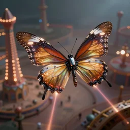 promotional still, high angle, a ( robotic butterfly ) ( metal aerodynamic wings ) ( spaceship ), slightly glowy, flying over desolate amusement park, firing lasers, ultrarealistic, bokeh, detailed, hq 8 k 4 k, dramatic lighting, intense, in styles of harris hardy.