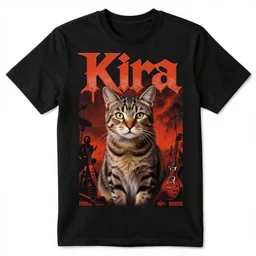 60s concert T-shirt design for heavy metal band “Kira” featuring tabby cat “Kira”, masterpiece, trending on artstation