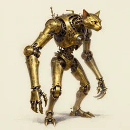 distant full - body drawing of a brass mechanical arms with claws and feline head, concept art by ian miller, artstation, sots art, steampunk, clockwork, concept art, da vinci, greg rutkowski