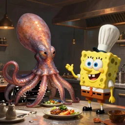 an anthropomorphic squid is the boss of a restaurant, greeting an anthropomorphic sponge man who is a cook in the kitchen
