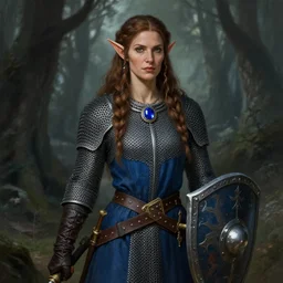 knight female chain mail in the grim forest, elf long weaving brown hair, round sapphire necklace, leather gloves, blue surcoat, wide belt scabbard, shield, illustration, female, middle age, dnd fantasy, intricate, elegant, highly detailed, digital painting, artstation, concept art, matte, sharp focus, illustration, hearthstone, art by artgerm and greg rutkowski and alphonse mucha