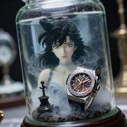 cinestill 5 0 d, 8 k, j. j abrams flare ; esoteric ultra realistic hublot timepiece in ana meets ran ( 1 9 9 0 ) film still underwater scene in frontiers in glass plastic photography fashion magazine june seinen manga portrait edition, hyperrealistic real - life seinen manga shaped mist occult figurine film still in victorian glass jar, releve pose, perfect eyes, tilt shift wide shot zaha hadid background