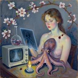 cephalopods, xray, vine, portrait of a female art student, scientific glassware, oscilloscope, x - ray, sensual, sweet almost oil, almond blossom, squashed berries dripping, octopus, candlelight, neo - impressionist, surrealism, acrylic and spray paint and oilstick on canvas