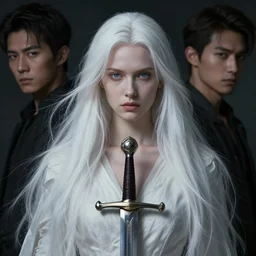 a portrait of a the white lady with a sword and long hairs, art by James Jean and Wayne Barlowe, high detail, cinematic, cgsociety 8k