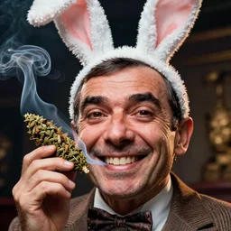 hyper realistic, close up portrait of a mega derpy mr. bean!!, big chungus!!, with bunny ears, smoking massive amounts of weed, big smile, buck teeth, by greg rutkowski, scott m fischer, artgerm, loish, slight glow, atmospheric, anne stokes, alexandros pyromallis, giger, 4 k, 8 k