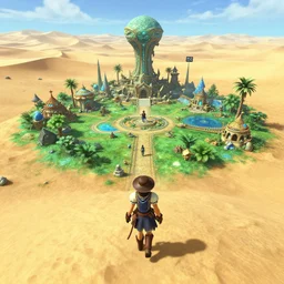 screenshot of final fantasy 1 8, arriving at the spiritual alien village of basaad, built in a lush oasis somewhere in the vast desert of doma, square enix, jrpg, unreal engine, next gen graphics, rtx, path tracing, high fidelity, particle effects