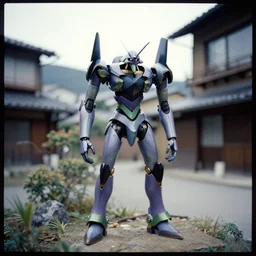 a lomographic photo of old pacific rim ( 2 0 1 3 ) jaeger, standing in typical japanese yard in small town, hikone on background, cinestill, bokeh