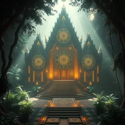 temple with futuristic technology three mandalas, amazonia, nature, ayahuasca, dramatic lighting, centralized, album cover, artstation, octane render, vanishing point, matte - painting, extremely high detail, post processing, 8 k