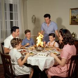 a traditional American family setting fire to the dinner table, photograph, 1950s