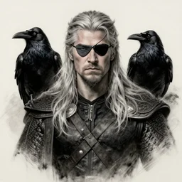 Odin with eye-patch, two ravens, charcoal portrait, artstation, fine-detailed