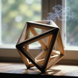 1980s magazine photo of wooden icosahedron, next to a window with dappled natural light, smoky