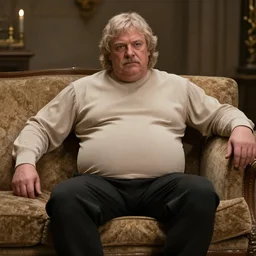 full body photo of older king robert human the wise. he is sitting gracefully on a sofa, he wear's elegant elastic beige shirt. oh he is a human by the way, has big bouncy belly that fill the shirt a lot