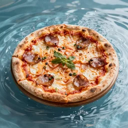 color photo of a pizza in the water, nikon 3 5 mm