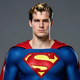 hyper realistic portrait of superman with blonde two sides hair and thin face lines, his cape is the american flag
