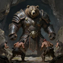 badass giant solitary armored bear warrior outside a cave about to fight some humans, fierce, giant, high fantasy, chiaroscuro, highly detailed, sharp focus, smooth, oil matte painting, vaporwave, concept art, hd
