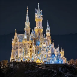 marvellous castle made of crystal and glass in a dark mountain during golden hour, ultradetailed, intricate, glorious lighting, dark sky, stars, masterwork coposition, cgsociety, strong presense