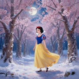 a beautiful painting of snow white in cherry blossom forest, volumetric lighting, moonlit by greg rutkowski and kalin popov, trending on artstation, masterpiece,