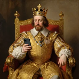 1 7 0 0 s painting royal portrait of the king of england checking his twitter feed on his iphone while sitting on his throne gold crown
