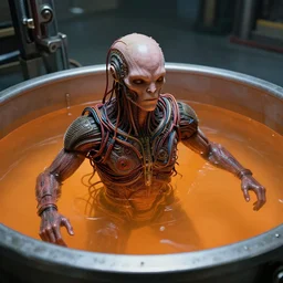 movie still frame, photorealistic, guild navigator mutant floating in orange fluid vat, wires in his head, intricate details, beautiful composition, 8 k, cgi, by ridley scott, james cameron, zack snyder and michael bay