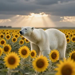 a photo of a polar bear in a field of sunflowers