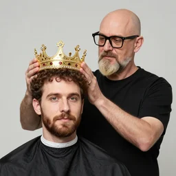 a bald man with a blonde goatee and black glassea gives an impressive crown to another man with curly brown short hair and brown goatee