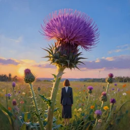 giant thistle flower as head, girl in suit in field of flowers, surreal photography, sunrise, blue sky, dramatic light, impressionist painting, digital painting, artstation, simon stalenhag