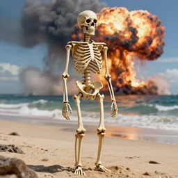 highly detailed anatomically accurate skeleton on the beach with nuclear explosion in the background, trending on Artstation