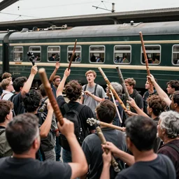 a lot of aggressive a crowd of people, holding sticks and stones, against the background of a dark green train, railstation, greg rutkowski
