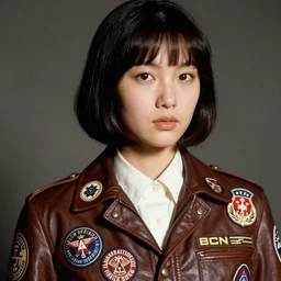 ektachrome, 3 5 mm, highly detailed : incredibly realistic, youthful asian demure, perfect features, feminine cut, beautiful three point perspective extreme closeup 3 / 4 portrait photo in chiaroscuro style 1 9 7 0 s frontiers in flight leather suit with lots of badges sown into it cosplay fashion, nick night